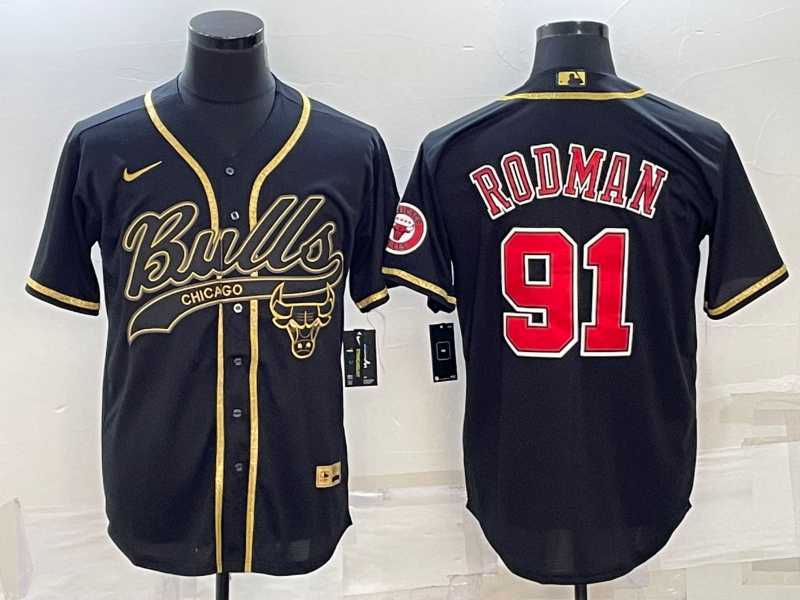Mens Chicago Bulls #91 Dennis Rodman Black Gold With Patch Cool Base Stitched Baseball Jersey